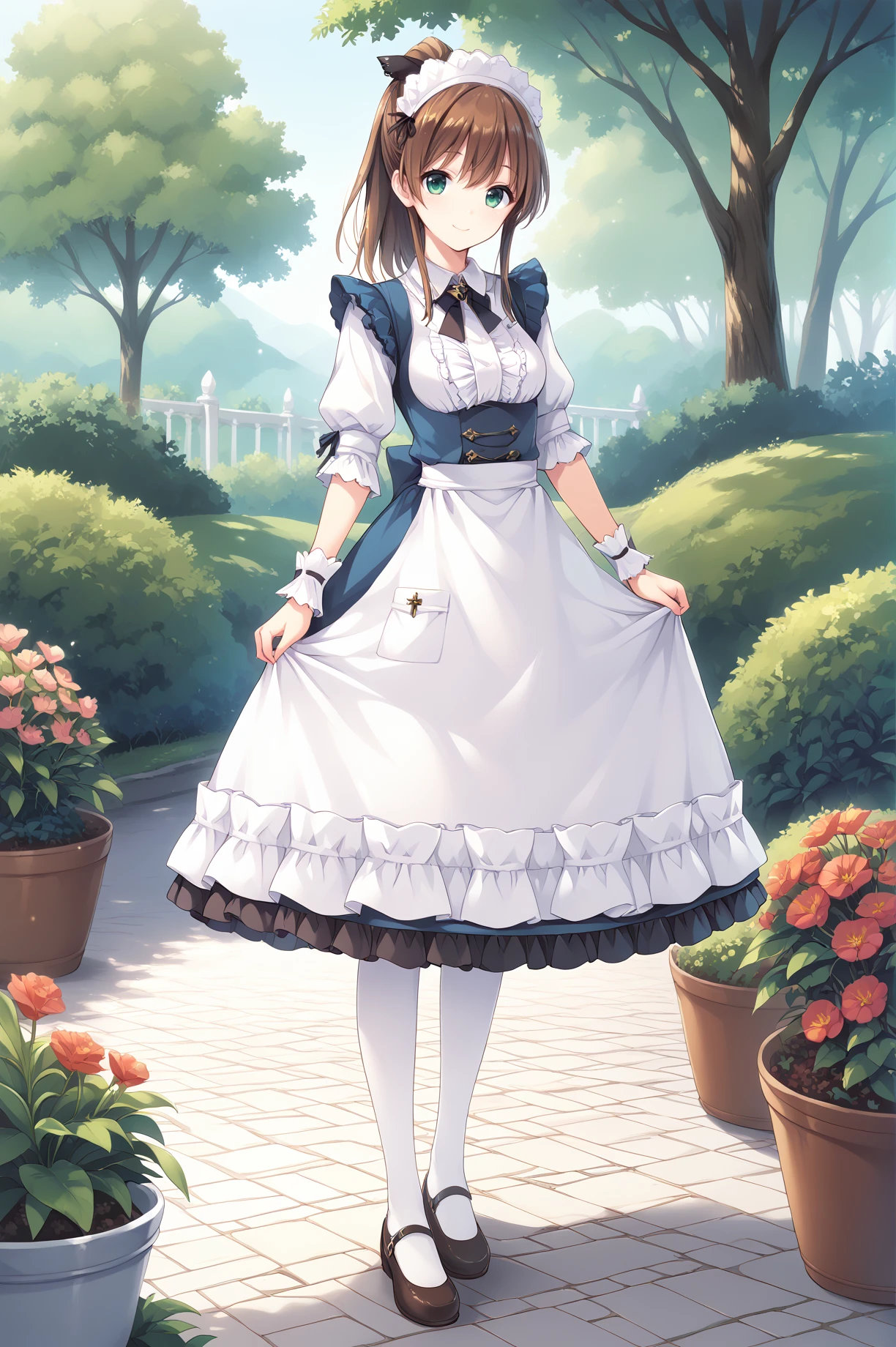 score_9, score_8_up, score_7_up, score_6_up, score_5_up, score_4_up,anime source,
 misaki,1girl,ponytail,hair ribbon,brown hair,green eyes,smile,
 maid(FF14), maid, frilled dress, frilled sleeves,juliet sleeves, wrist cuffs, apron,white pantyhose,mary janes, 
garden,full body,dress lift,<lora:MisakiXLPony:0.8>,<lora:FF14MaidXLPony:1>