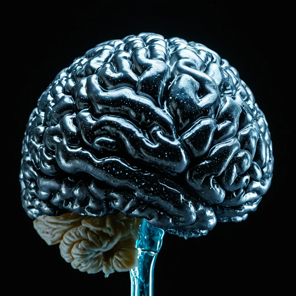 Cryonics a frozen brain is shown on a black background, movie themed, sharp, detailed background, epic cinematic photography, artistic style, dramatic light style, cinematic color style, Kodak 35mm film style, detailed style, Cryonics style, simple background, no humans, animal, traditional media, black background, food focus, surreal, abstract, still life, food, painting (medium), melting, frosted, shallow depth of field, vignette, highly detailed, high budget, bokeh, cinemascope, moody, epic, gorgeous, film grain, grainy