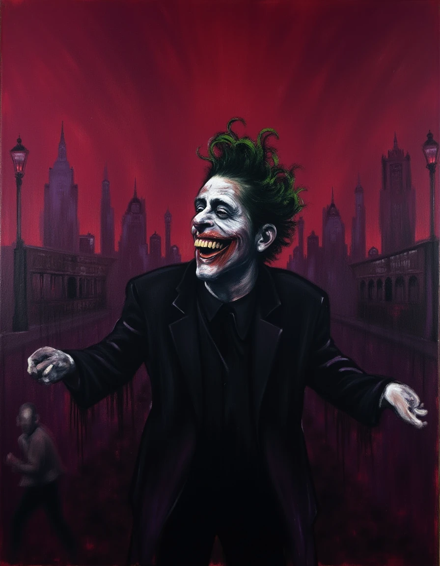 In a stark and dramatic portrait by Francis Bacon, the chaotic and unsettling essence of The Joker is captured with raw intensity. The figure stands against a tumultuous, swirling backdrop of haunting reds and deep purples, evoking a sense of madness and unpredictability. The Joker's face, distorted and grotesque, showcases a wide, manic grin that seems to stretch beyond the bounds of normalcy, with his smeared black and white makeup adding to the sense of dread. His wild, green hair is illuminated as if by an unseen spotlight, contrasting sharply with the darkness that surrounds him.

The atmosphere is heavy with a sense of foreboding, as shadows ripple and undulate around him, almost as if they have a life of their own. The background is filled with abstract shapes and blurred figures that hint at a chaotic urban environment, echoing his tumultuous nature. The air feels thick with tension, and one can almost hear the unsettling cacophony of distant laughter mingling with the cries of chaos. Each brushstroke conveys a sense of visceral emotion, reflecting The Joker's duality of humor and horror, drawing the viewer into the unsettling world he inhabits.