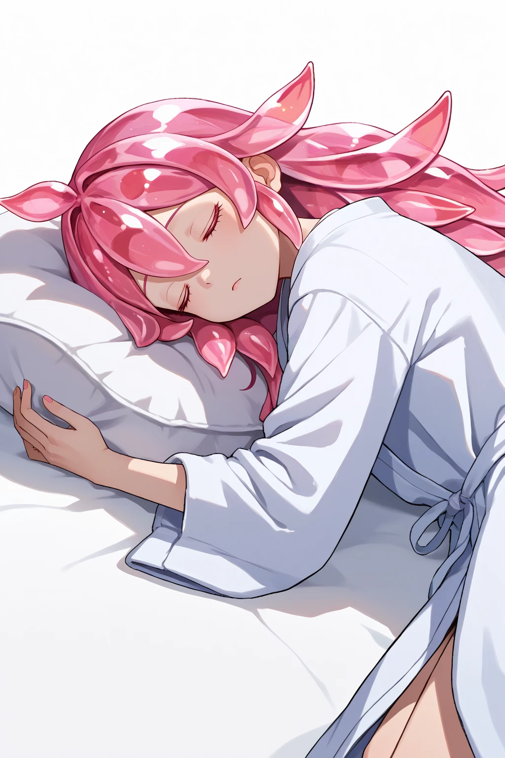 score_9, score_7_up, source_anime, closed eyes, morg, long hair, white skin, crystal hair, pink hair, pink eyes, hair between eyes, white bathrobe, sleeping, lying, on side, white background, <lora:Hoseki_HousekiNoKuni_Morganite_PDXL_v1:1>