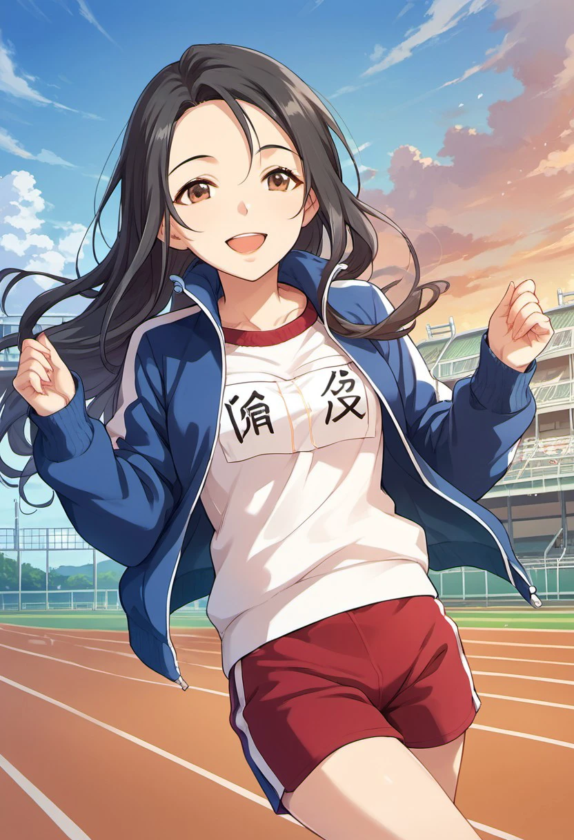 score_9, score_8_up, score_7_up, source_anime,sena shiori, long hair, black hair, brown eyes, 1girl, jacket, solo, gym uniform, shorts, gym shorts, track jacket, smile, open mouth, sky, open jacket, day