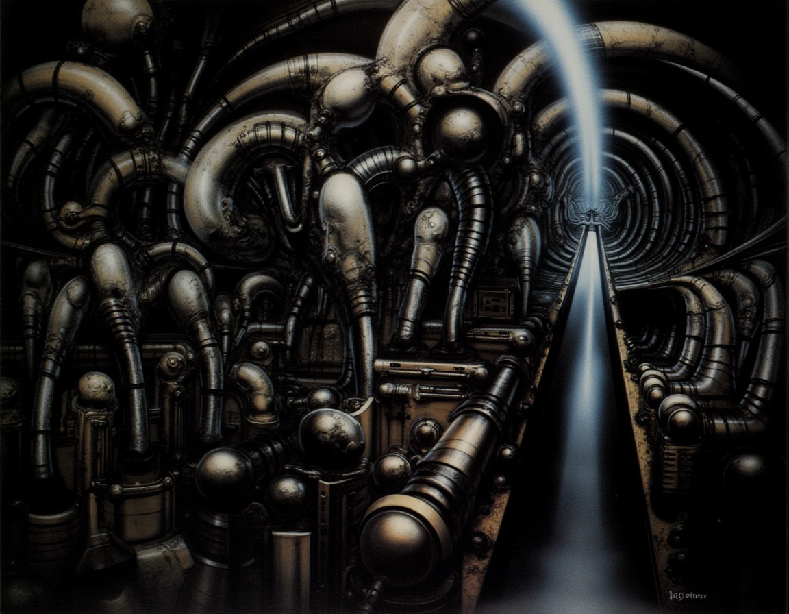 In a dimly lit, cavernous chamber, an overwhelming expanse of intricate industrial machinery sprawls in every direction, each component seamlessly interwoven in a nightmarish tapestry of metal and biomechanical forms. H.R. Giger's airbrush technique reveals a vision of grotesque beauty, with towering phallic pistons rhythmically thrusting in and out of amorphous, vaguely feminine structures, their surfaces glistening with a slick sheen reminiscent of polished latex. The room is enveloped in a thick, swirling steam that hisses and billows like a living entity, carrying with it the heavy scent of oil and the metallic tang of machinery at work. 

The air is thick with tension, a juxtaposition of eroticism and unease that permeates the atmosphere; every watchful corner is infused with a sense of voyeurism. Gleaming surfaces reflect shadowy contours, creating an unsettling interplay of light and dark. The machines appear to breathe, hissing and pulsating as if they possess a life of their own, their rhythmic movements eliciting an uncomfortable response in anyone who dares to step closer. In this haunting space, the viewer is confronted with an arresting blend of alluring mechanism and unsettling organic forms, a visceral reminder of the raw power and peril hidden within the machinery's embrace.