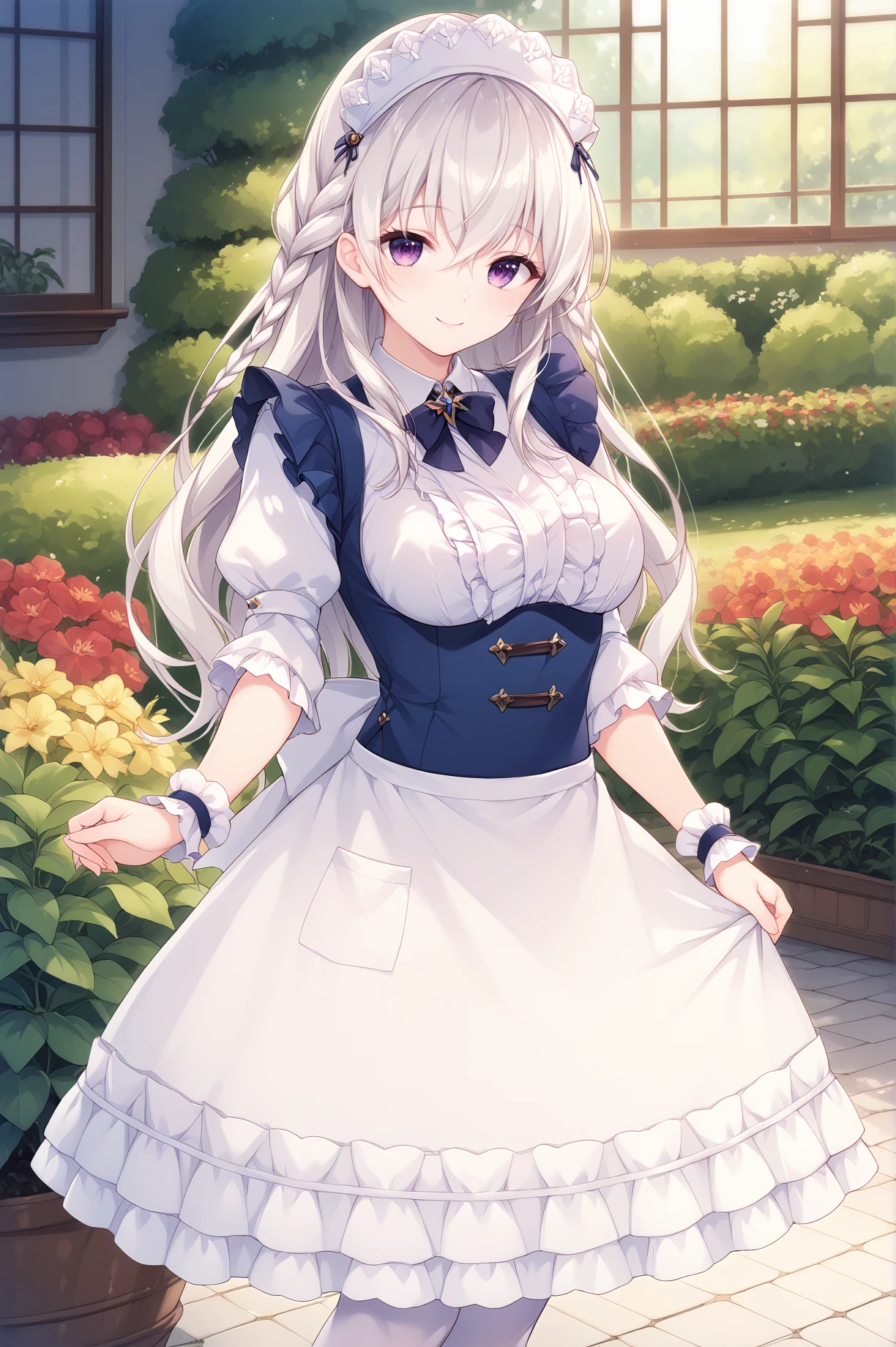 score_9, score_8_up, score_7_up, score_6_up, score_5_up, score_4_up,anime source,
  Mai(Ensemble), purple eyes, braid, long hair, white hair, hair between eyes,smile,
 maid(FF14), maid, frilled dress, frilled sleeves,juliet sleeves, wrist cuffs, apron,white pantyhose,
garden,dress lift,white dress,black apron,<lora:MaiXLPony:1>,<lora:FF14MaidXLPony:1>