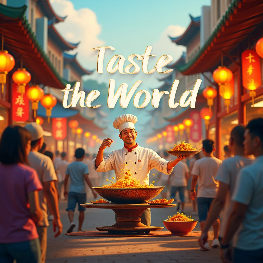 Juaner_font,

On a bustling street market with colorful stalls and lanterns, there is a line of text “Taste the World”, and the scene shows a chef tossing a wok of sizzling food in front of a crowd