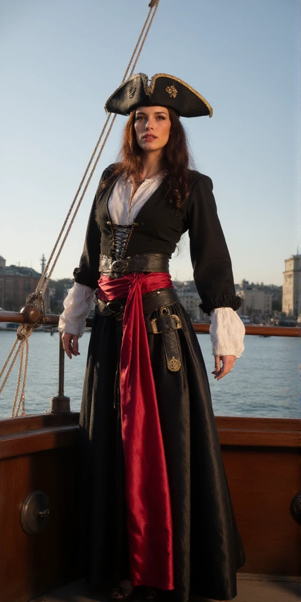 Clementine Delauney is dressed like a pirate on a boat   <lora:ClementineDelauney:0.9>