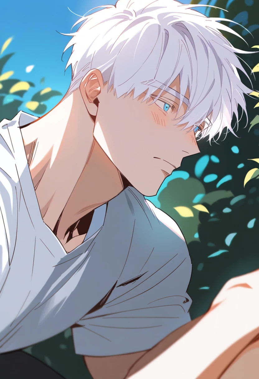 score_9,score_8_up,score_7_up,good colors,bright skin,good shading,countershading,detailed background,
1boy,male focus,solo,<lora:éµåMignon:0.8>,short hair,white hair,bangs,blue eyes,muscular giant boy,detailed hair,looking_at_viewer,light_blush,closed mouth,
white shirts,facing viewer,black shorts,profile,
outdoors,day,blue sky,
<lora:Expressive_H:0.8>,Expressiveh,