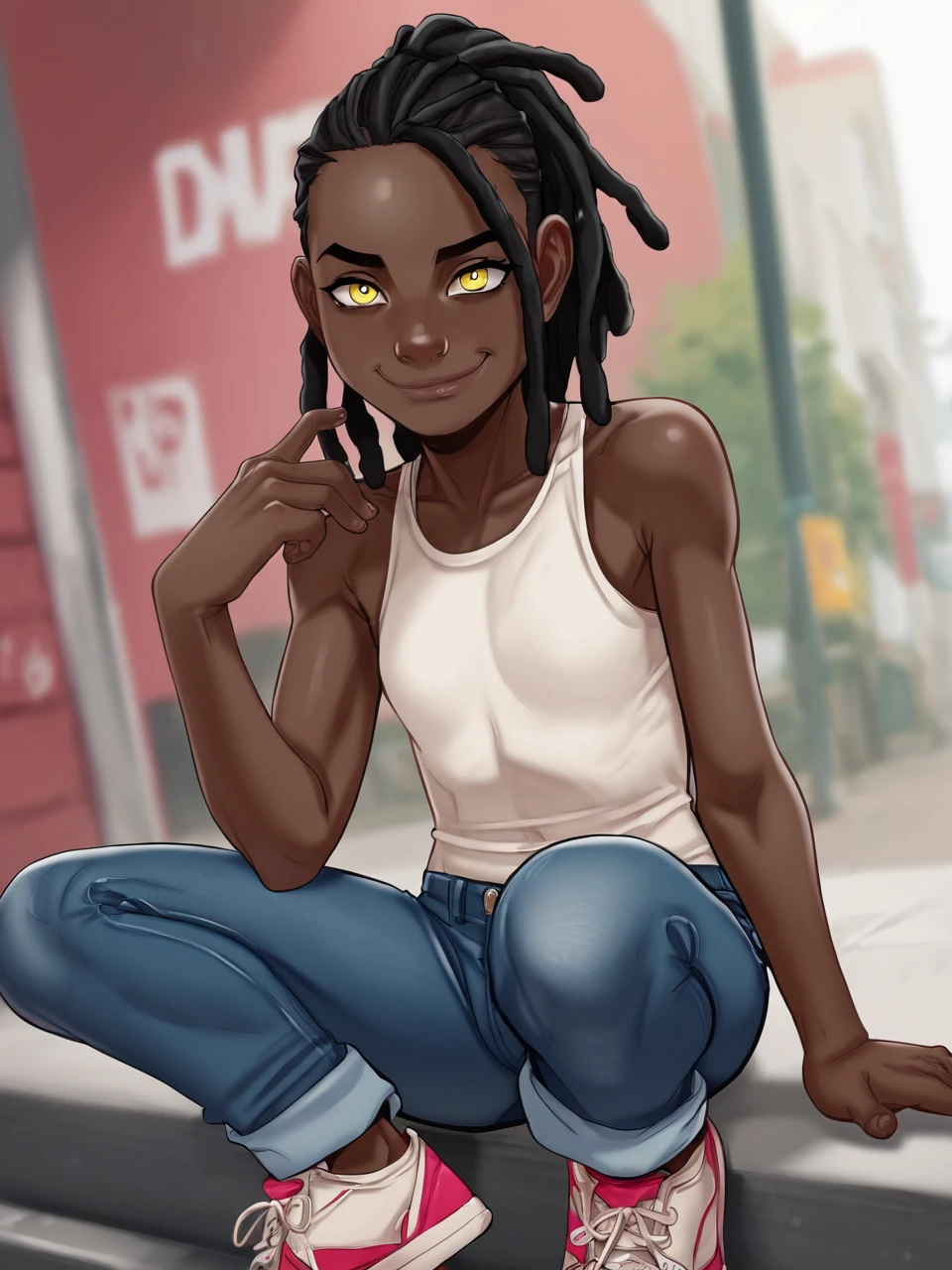 score_9, score_8_up, score_7_up,  score_6_up, BREAK, LilTaniyah, Andystyle, 1girl, flat chest, black hair, dreadlocks, dark skin, yellow eyes, closed mouth, smile, white shirt, jeans, sneakers  <lora:LilTaniyah:1>