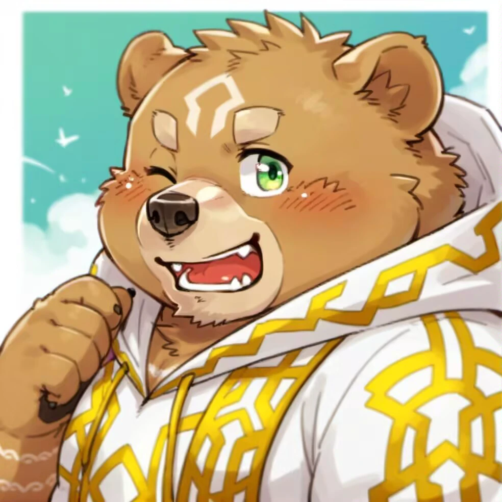 gabu,furry,green eyes,bear boy,bear ears,<lora:Gabu-000024:0.8>,<lora:PerfectEyesXL:0.4>,perfecteyes,beautiful detailed eyes,solo,score_9,one eye closed,sunny,upper body,from side,blush,tattoo,hood,plump,