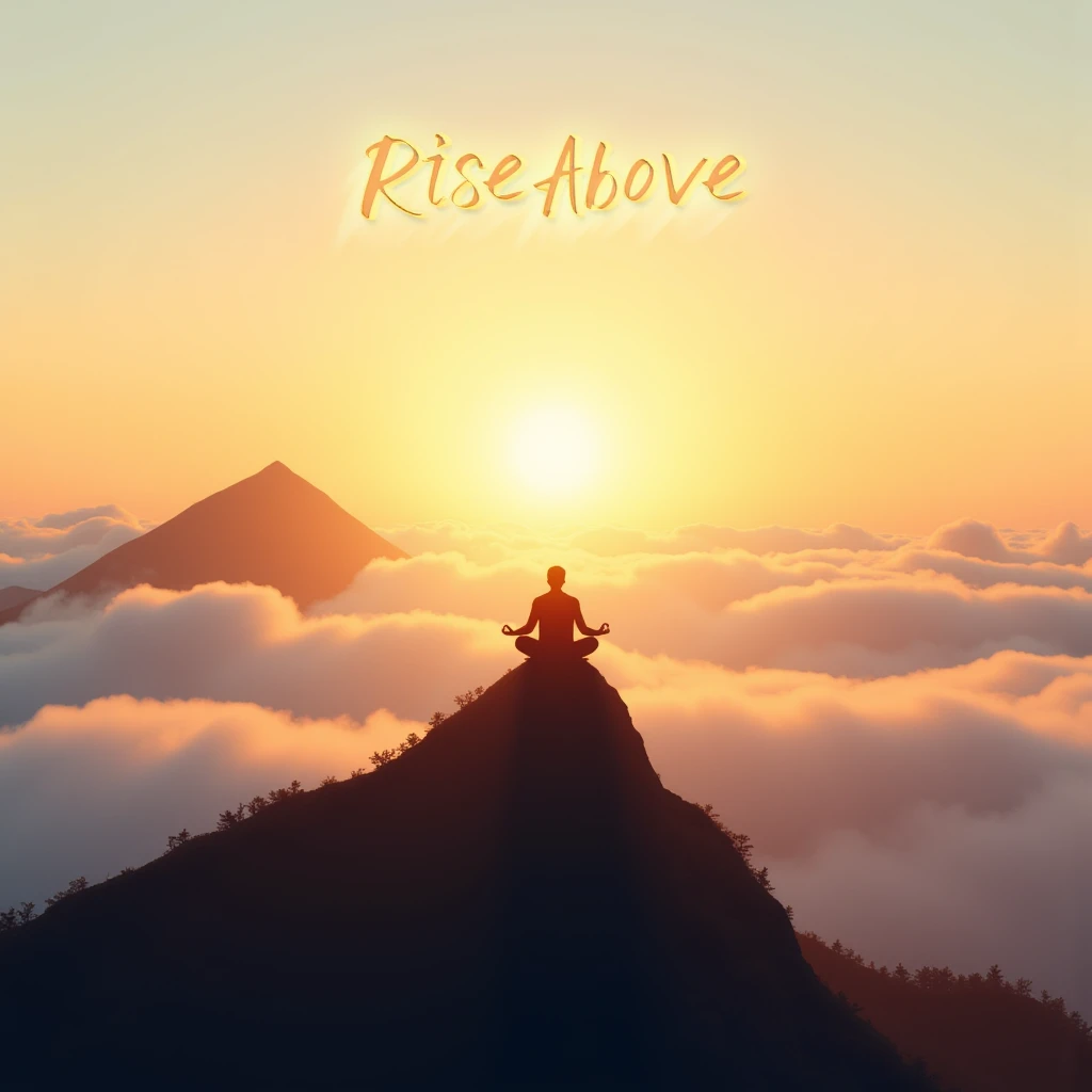 Juaner_font,

On a peaceful mountaintop during sunrise, with clouds rolling beneath, there is a line of text “Rise Above”, and a lone figure is meditating at the summit, bathed in golden light