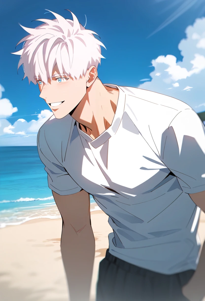 score_9,score_8_up,score_7_up,best quality,amazing quality,best aesthetic,absurdres,good colors,bright skin,good shading,countershading,detailed background,
1boy,male focus,solo,<lora:éµåMignon>,short hair,white hair,bangs,blue eyes,muscular giant boy,detailed hair,(highlight:1.3),kind_smile,smile,
muscular,white shirt,short sleeve,looking_afar,black shorts,wide_shot,
outdoors,beach,sea,sand,sky,blue sky,
<lora:Expressive_H:0.8>,Expressiveh,<lora:aesthetic_anime_v1s:1.2>,