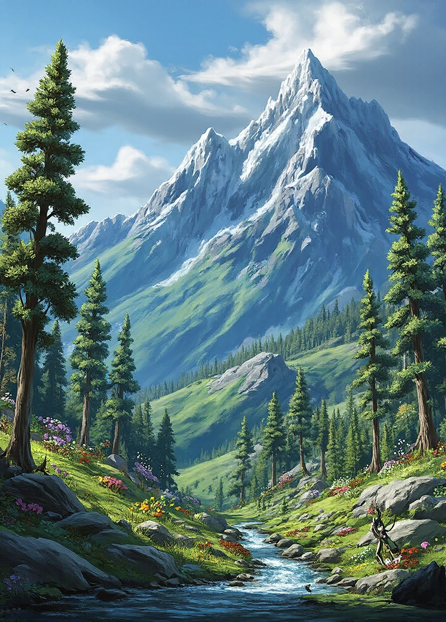 <lora:bunsmtg-c:1> m4th3g4 of a mesmerizing digital painting depicting a magical forest within the embrace of majestic mountains