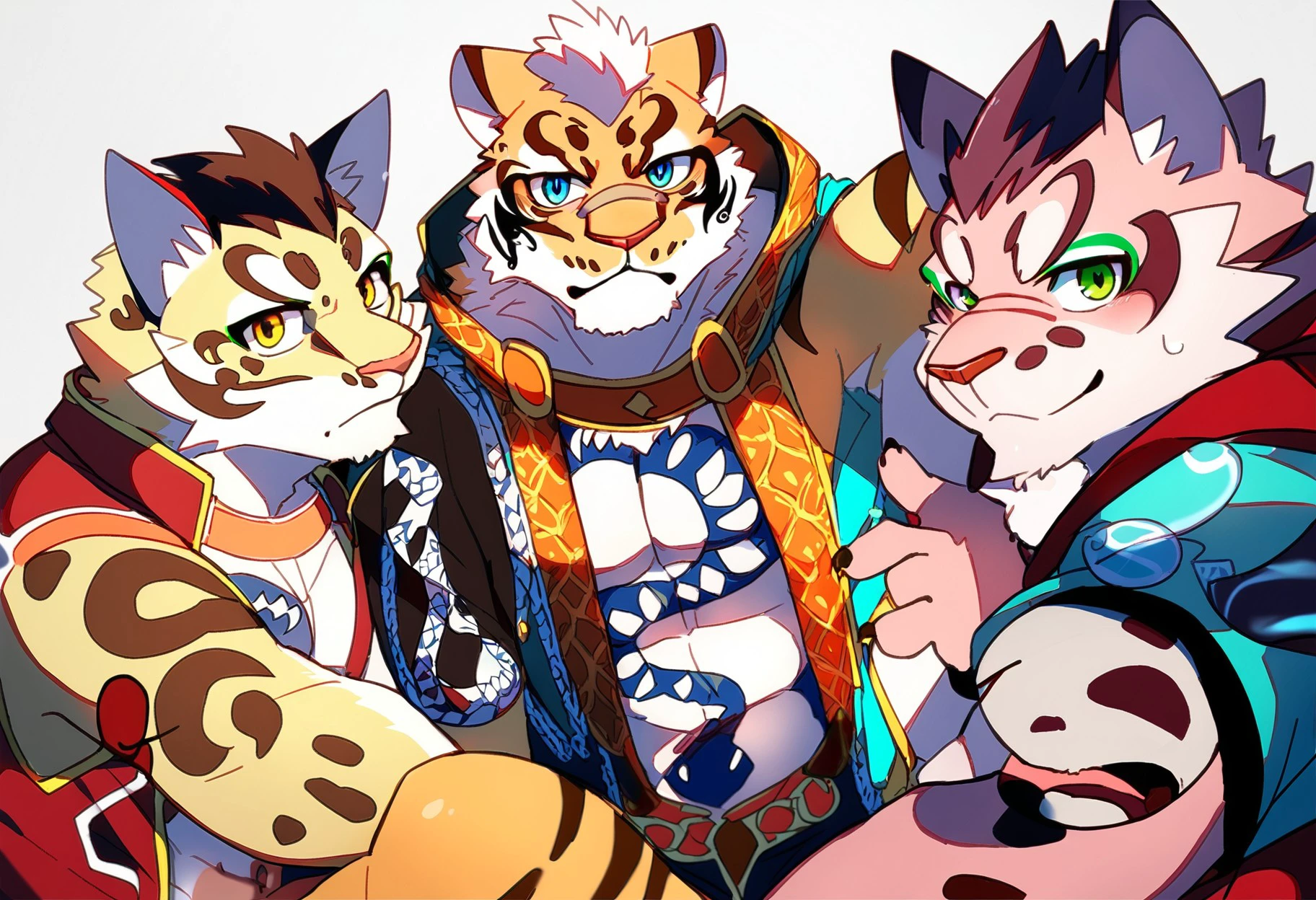 score_9,score_8_up,score_7_up, <lora:Nekojishi_PonyXL_rev2-000050:1>likulau+lin hu+shu-chi,nekojishi+studio klondike,|||,amber eyes ,anthro ,blue eyes ,countershading ,fur ,green eyes ,group ,looking at viewer ,male ,tattoo,2017+digital drawing (artwork)+digital media (artwork)+hi res,,clouded leopard+felid+feline+felis+leopard cat+mammal+pantherine+prionailurus+tiger, green_eyeshadow, eyeshadow