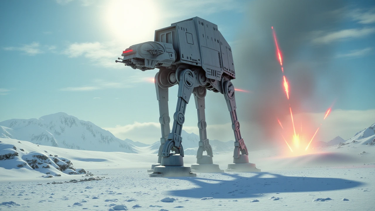 a star wars style,lucasfilm movie still of a 30 meter tall at-at walking on a ice desert planet,bomb explosions,dramatic camera angle,epic composition,lens flare, <lora:AT-AT:1>, <lora:star wars style v1:1> star wars style