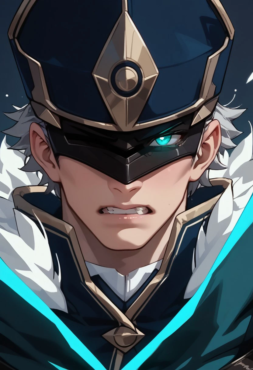 score_9, score_8_up, score_7_up, source_anime, rating_explicit, male focus, AnemoboxerGENSHIN, black_Anemoboxer_eye mask, black-gold_Anemoboxer_hat, teal_Anemoboxer_glowing one eye, clenched teeth, 1boy, angry,