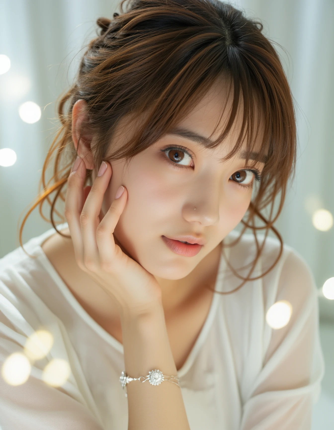 best quality, masterpiece, raw photo of a female in white dress, close up face, brown hair, fashion accessories, looking at viewer, indoor, day time, professional photo, high contrast exposure, soft bokeh, high key light, hard shadow, soft bokeh, simple background, white background,