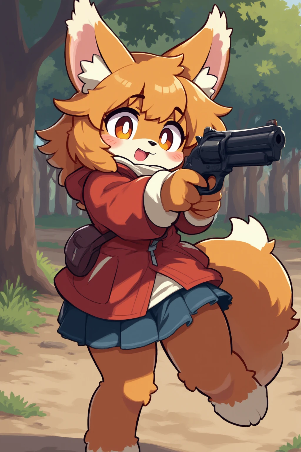 A furry girl is at the shooting range and she is holding a Revolver, anime style, ***** body