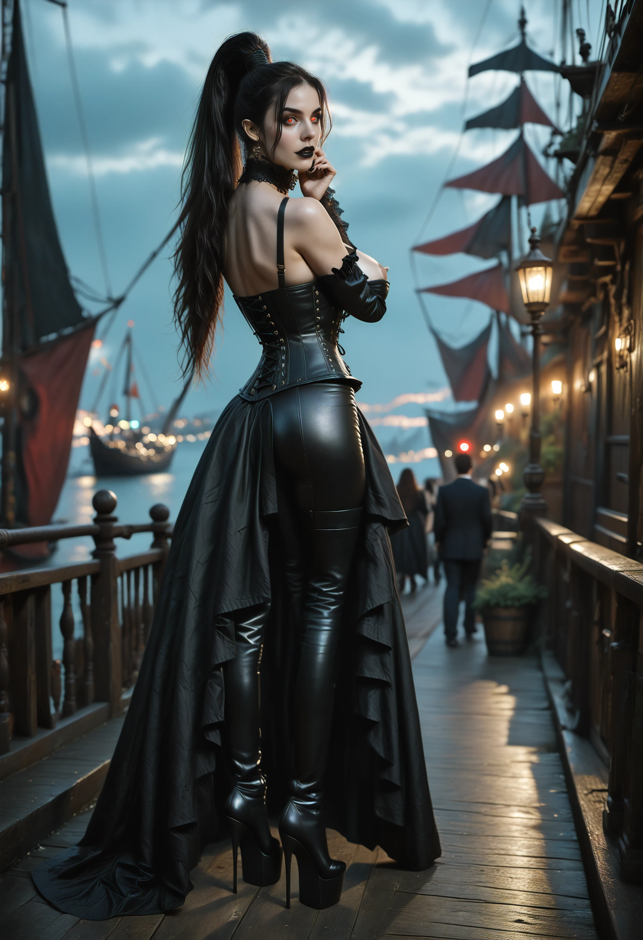 score_9, score_8_up, score_7_up, 1girl, jubilee, marvel, black_hair, brown_eyes, rear view, hand on own cheek, pirate ship, outdoors, 3d, v4mpcity.safetensors, m0r4n4, g0th1c80dy5u1t, <lora:location\v4mpcity.safetensors:0.75><lora:character\m0r4n4.safetensors:0.75>