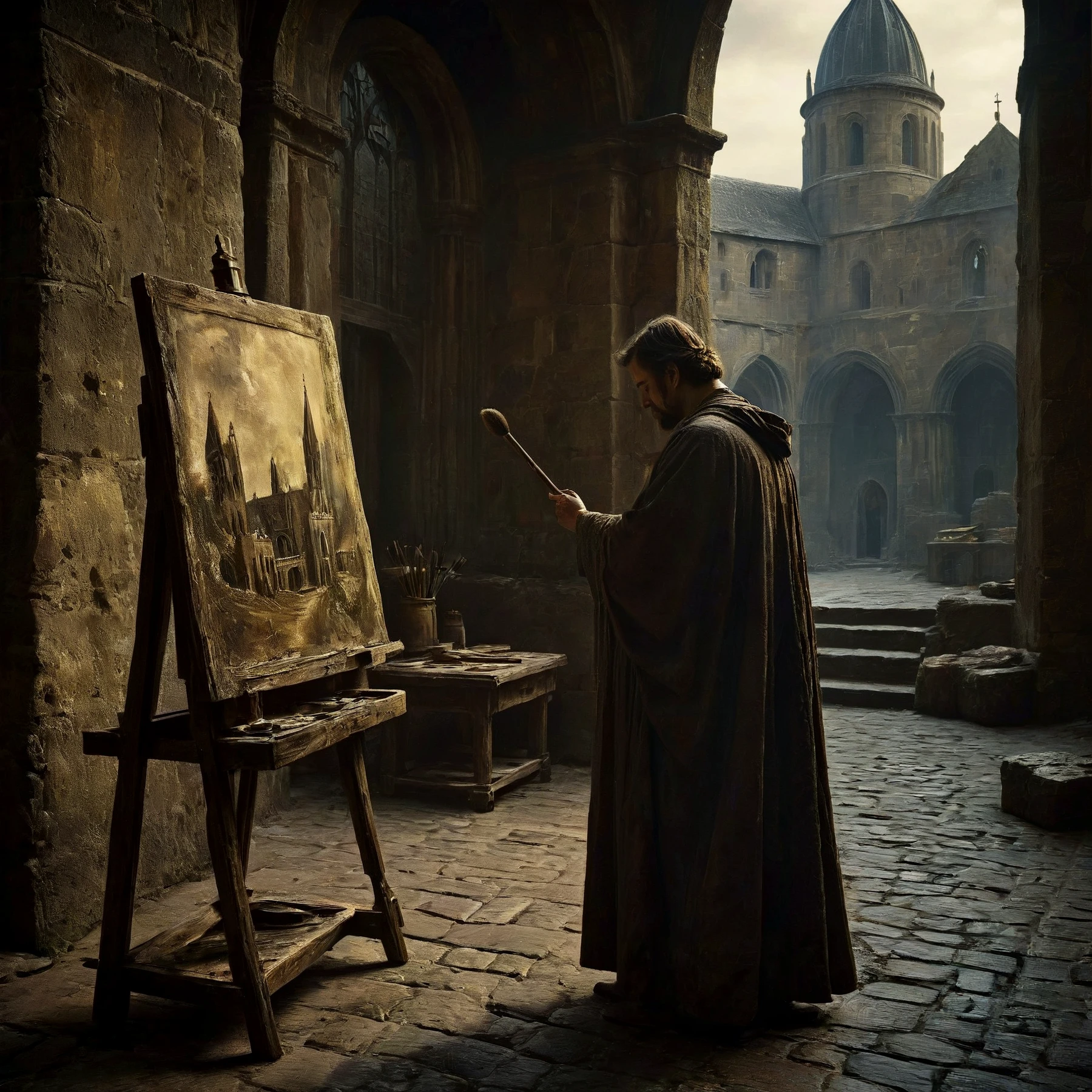 Outdoors. A master artist painting at his easel, standing before his easel. Dressed in ancient robes. Painting a cathedral.
Atmospheric, moody, rustic. Enchanting. Dark.
<lora:Medieval02-00_CE_SDXL_64x32x120x2bOT:0.8>
mdvlCE