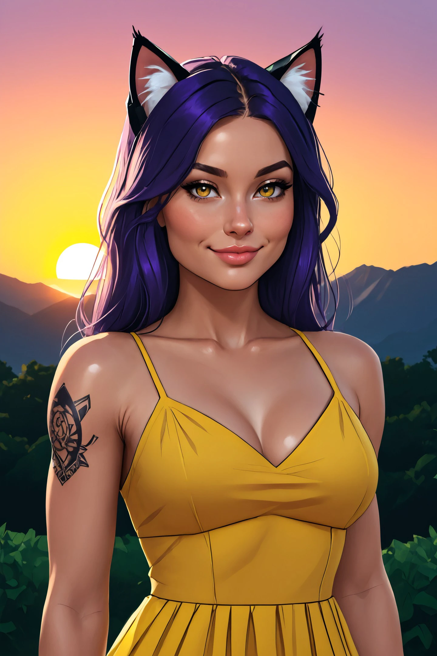 thepit style, samdoesart style, puffy lips, cinematic light, punk rock cat g(:0)irl, cat ears, purple hair, tattoos, solo, sui(:0)cideg(:0)irl, ([Gal|riley|Rachel]:0.9), (yellow sun dress:1.2), outdoors, middle of poppy fields, sunset, close face portrait, zoomed in, (machine made joints:1.2), mechanical limbs, sexy pose, cute smile, character focus, science fiction, extreme detailed, colorful, highest detailed, masterpiece, best quality, ultra-detailed, highly detailed CG illustration, an extremely delicate and beautiful porcelain,