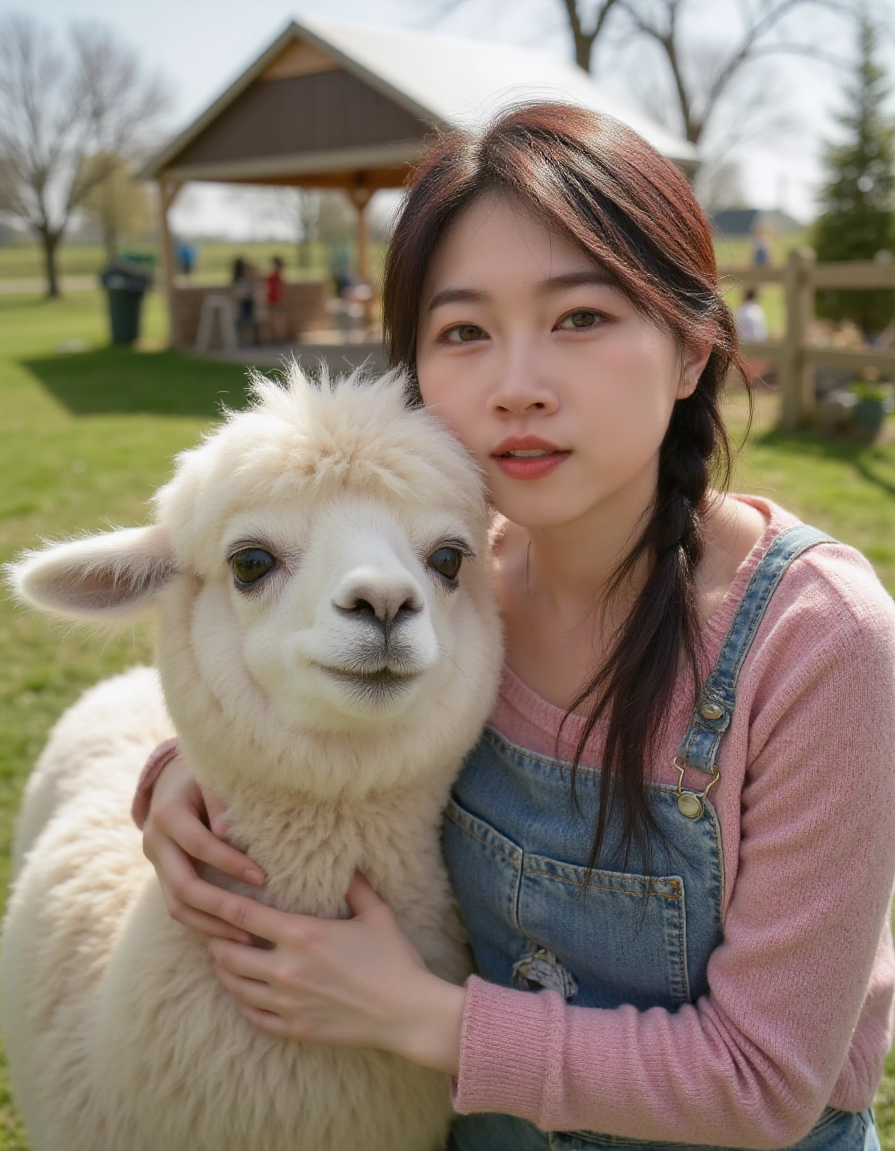 a beautiful ams woman holding an alpaca close together <lora:ams:1>