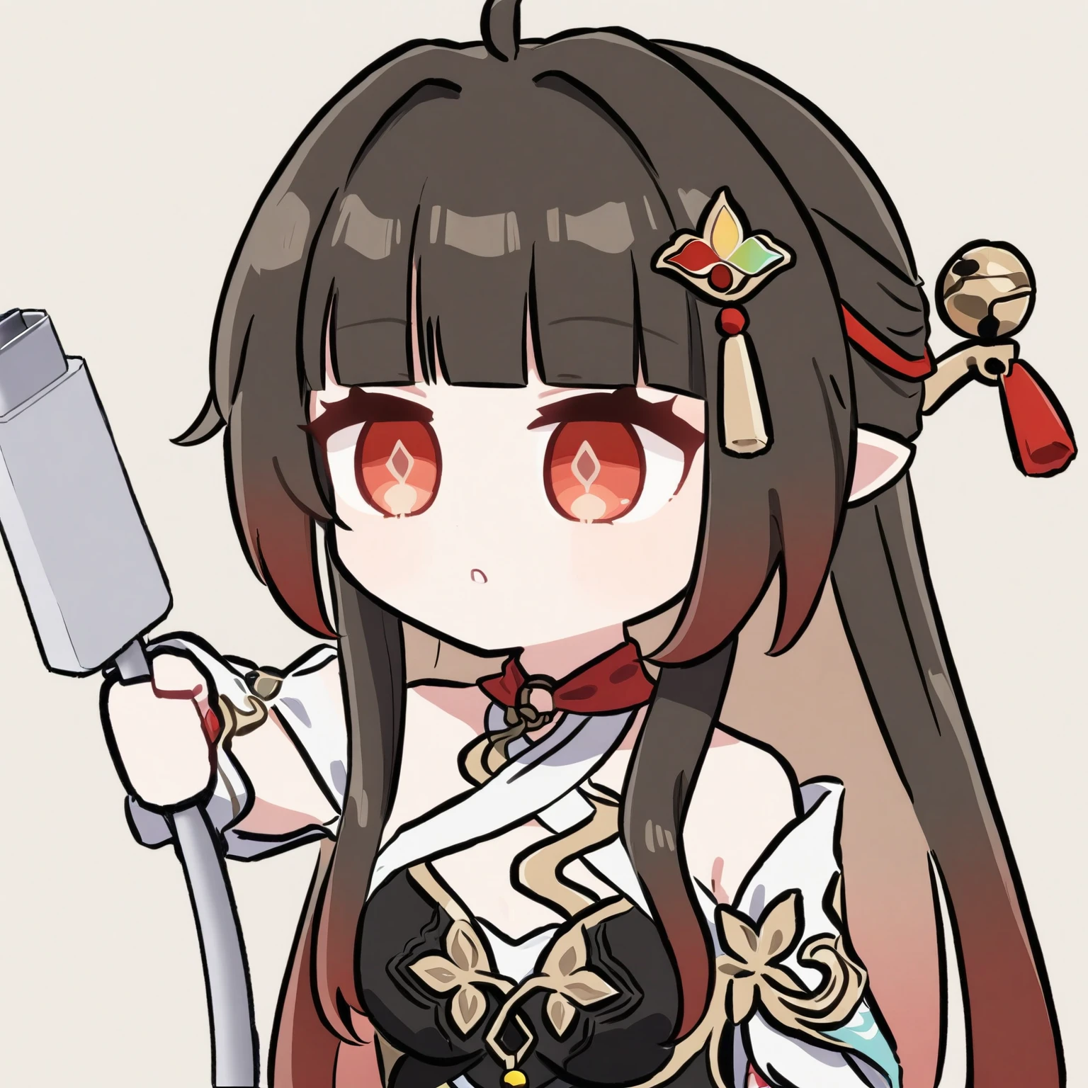 masterpiece, best quality, absurdres, 1girl, solo, chibi, yandef, hair rings, hair ribbon, china dress, black gloves, half gloves, smug, smile, <lora:yan-nikke-richy-v1:1.0>, <lora:style_walfie-20:1.0>