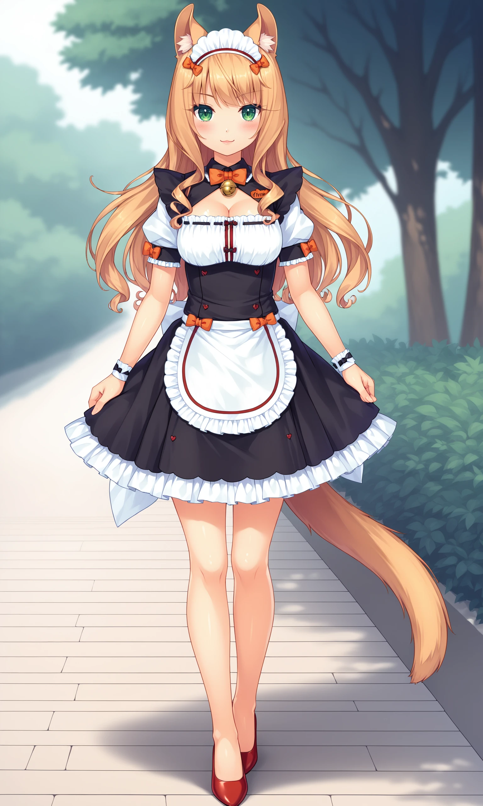 score_9, score_8_up, score_7_up, source_anime, black_maid_uniform, Maple, cleavage, looking_at_viewer, solo, medium_breasts, closed_mouth, blush, :3, smile, cat_ears, animal_ear_fluff, cat_tail, maid_headdress, orange_bowtie, neck_bell, cleavage_cutout, ribbon-trimmed_clothes, puffy_short_sleeves, wrist_cuffs, white_back_bow, miniskirt, white_apron, shoes, red_footwear, high_heels, long_legs, knees, legs_apart, standing, full_body, outdoors, <lora:Maple_V1(SDXL)_2:0.8>