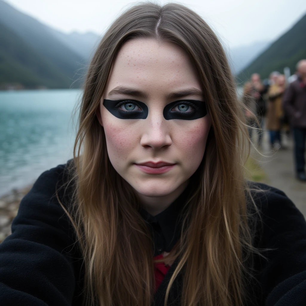 Instagram selfie of a nordic viking warrior princess with black warpaint under her eyes. There is a beautiful norwegian fjord in the background and other viking troops walking past her. She looks fierce and beautiful yet calm. , <lora:Saoirse_Ronan_FLUX_v1-000037:1>