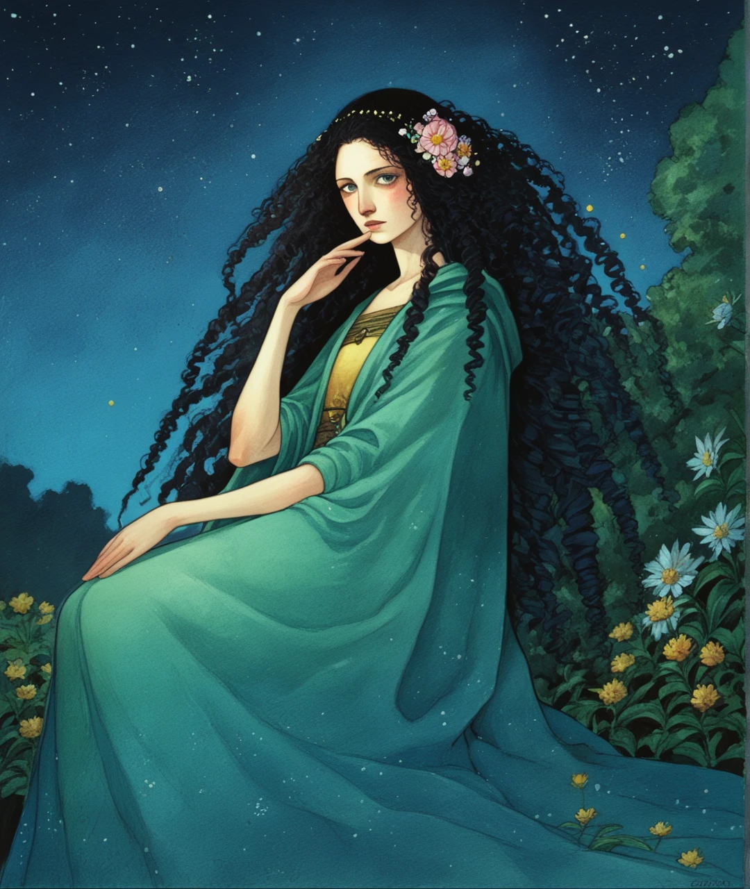 score_9, score_8_up, score_7_up, score_6_up,
BREAK
1girl, tree, long hair, solo, black hair, traditional media, flower, painting, (((medium))), hair flower, ((sky)), hair ornament, cape, curly hair, watercolor, very long hair, night, star, wings, sitting
 <lora:RGv2:1>