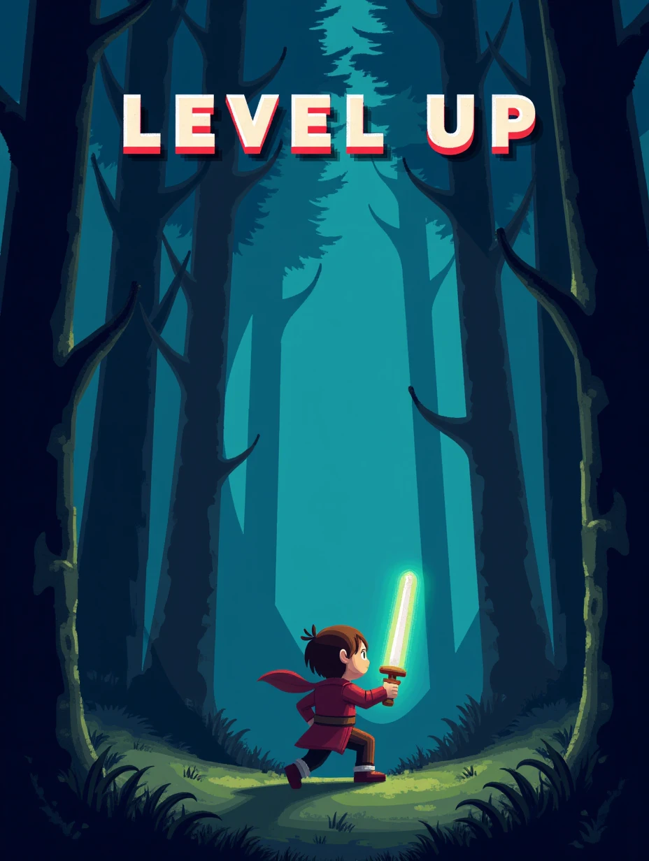 Juaner_font,

On a pixelated forest landscape, there is a line of text “Level Up,” the image shows a character holding a glowing sword