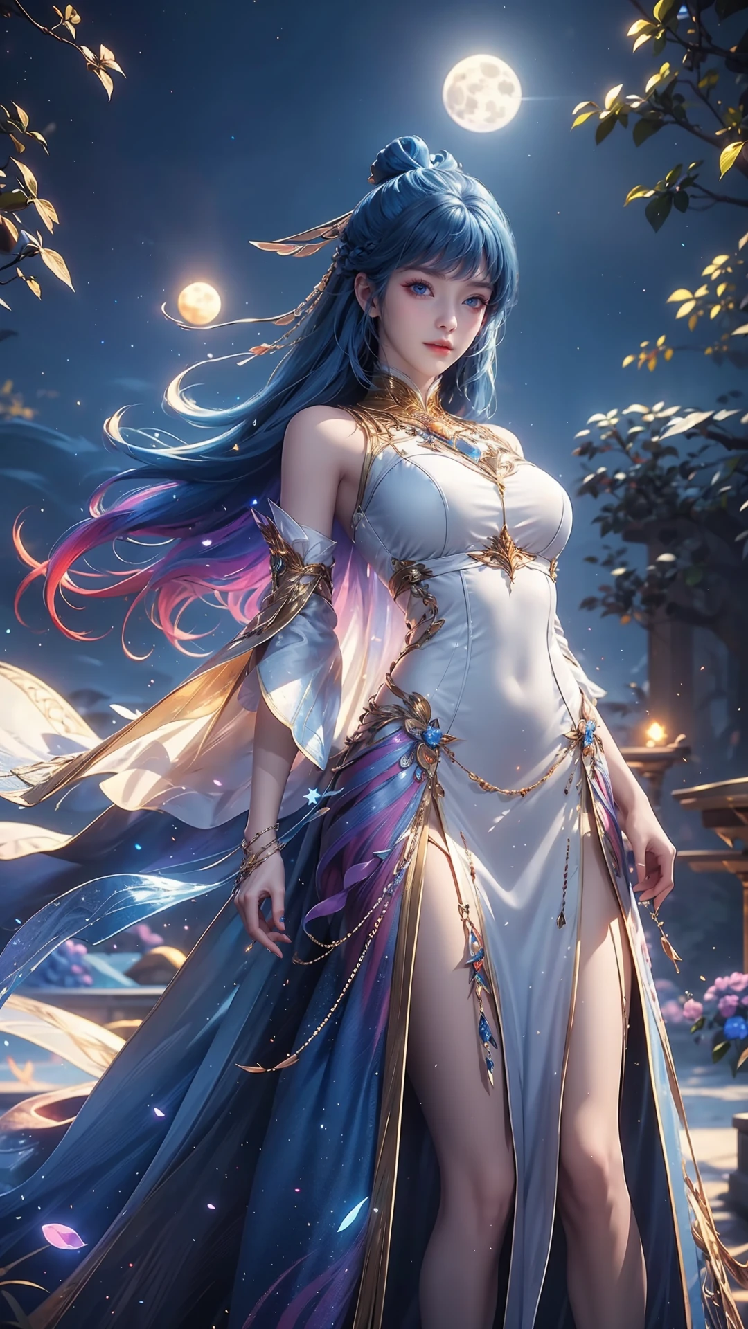 best quality,masterpiece,Ultra-high resolution,photoactual:4:0,In front of the Ice Crystal Palace,An ice goddess,Head style,Long flowing blue hair,Big breasts,Wearing a blue and white Japanese miko costume,Holding an ice crystal staff