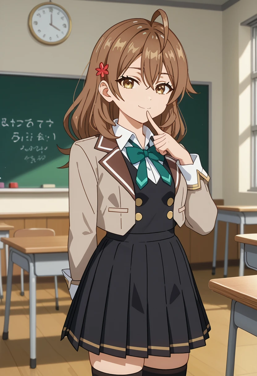 score_7_up, anime screencap, anime coloring,
<lora:Roshidere_KujouMariaMikhailovnaXL:0.8>,
1girl, closed mouth, light smile,
long hair, brown hair, ahoge, hair between eyes, brown eyes, hair ornament,
MashaSchool, cropped jacket, brown jacket, green bowtie, white shirt, black vest, buttons, long sleeves, pleated skirt, black skirt, (black thighhighs:1.2),
finger to mouth, arm behind back, standing, looking at viewer, cowboy shot,
classroom, blurry background, indoors