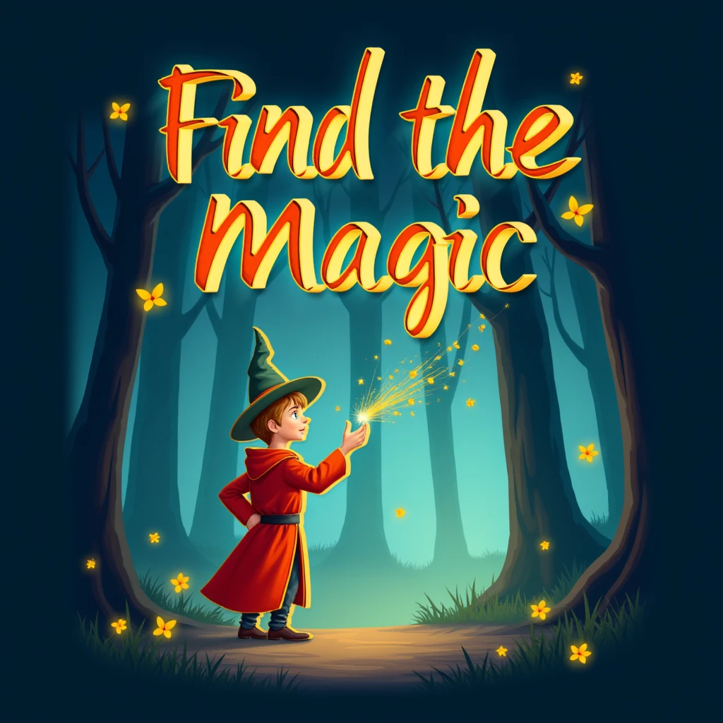 Juaner_font,

In a magical forest with glowing trees and floating fireflies, the text reads “Find the Magic”, and a young wizard is casting a spell, creating sparkles that dance in the air