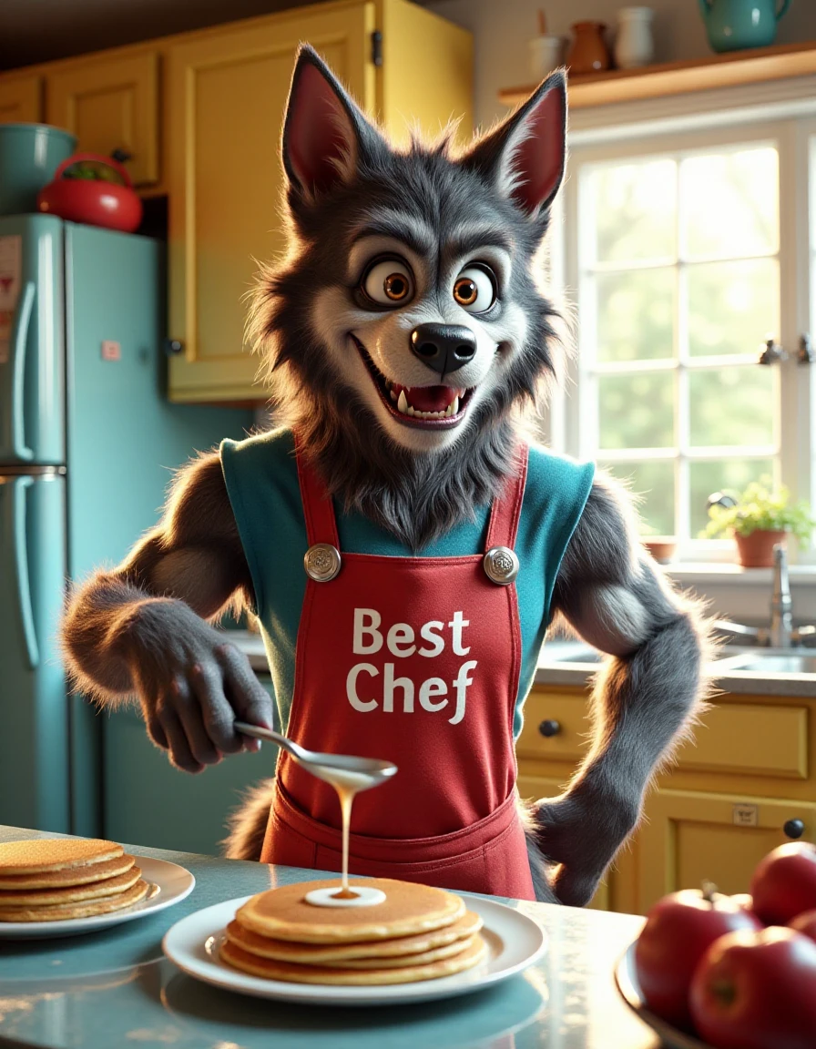 In a colorful kitchen on a Saturday morning, the ral-werwulv is joyfully flipping pancakes, wearing a cheerful apron that reads âBest Chef.â Its fluffy tail wags as it hums along to music playing in the background, the smell of fresh pancakes filling the room. The werewolf's big, friendly eyes light up as it sets a plate of perfectly golden pancakes on the table, drizzling syrup with a smile, ready to share a fun breakfast with friends and family.
<lora:ral-werwulv-flux:1>