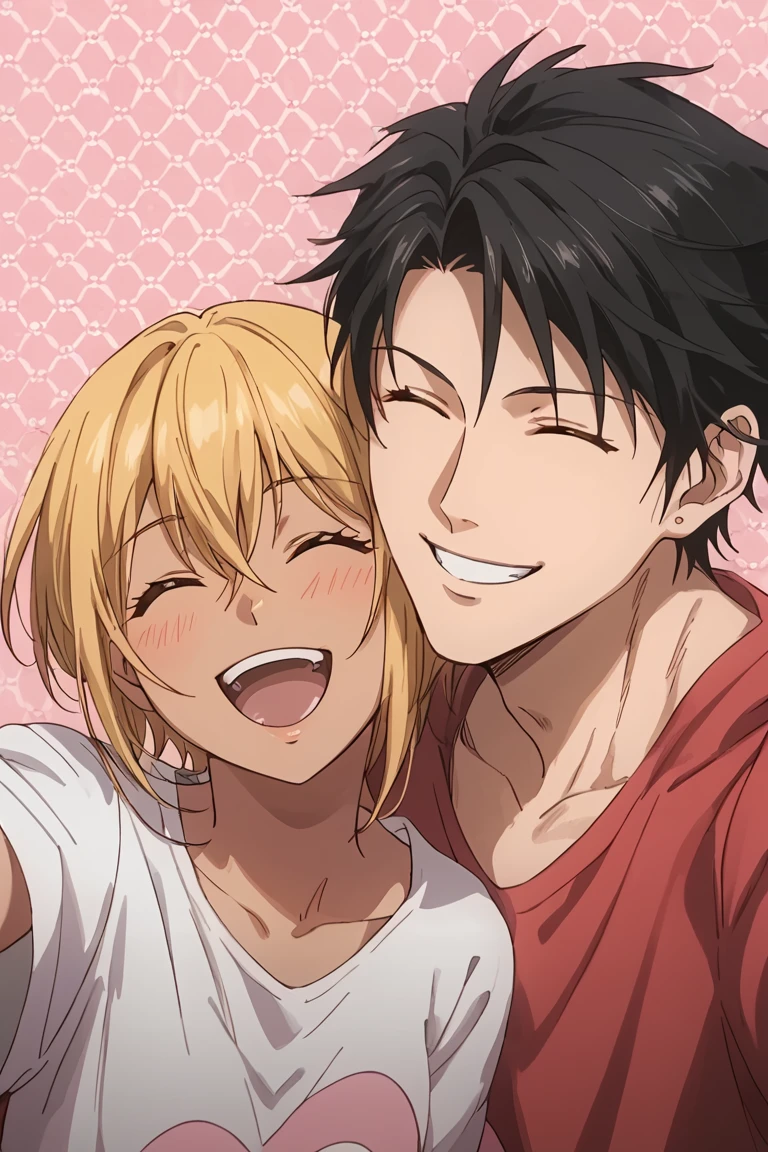 score_9, score_8_up, score_7_up, source_anime, rating_safe, selfie, couple focus, RuiKG, black_Rui_hair, closed eyes, wide smile, 1stboy, FShionKG, blonde_FShion_female hair, closed eyes, open mouth, 1girl, husband and wife, simple light pink patterned background, cute wallpaper, happy-cheery, anime screencap