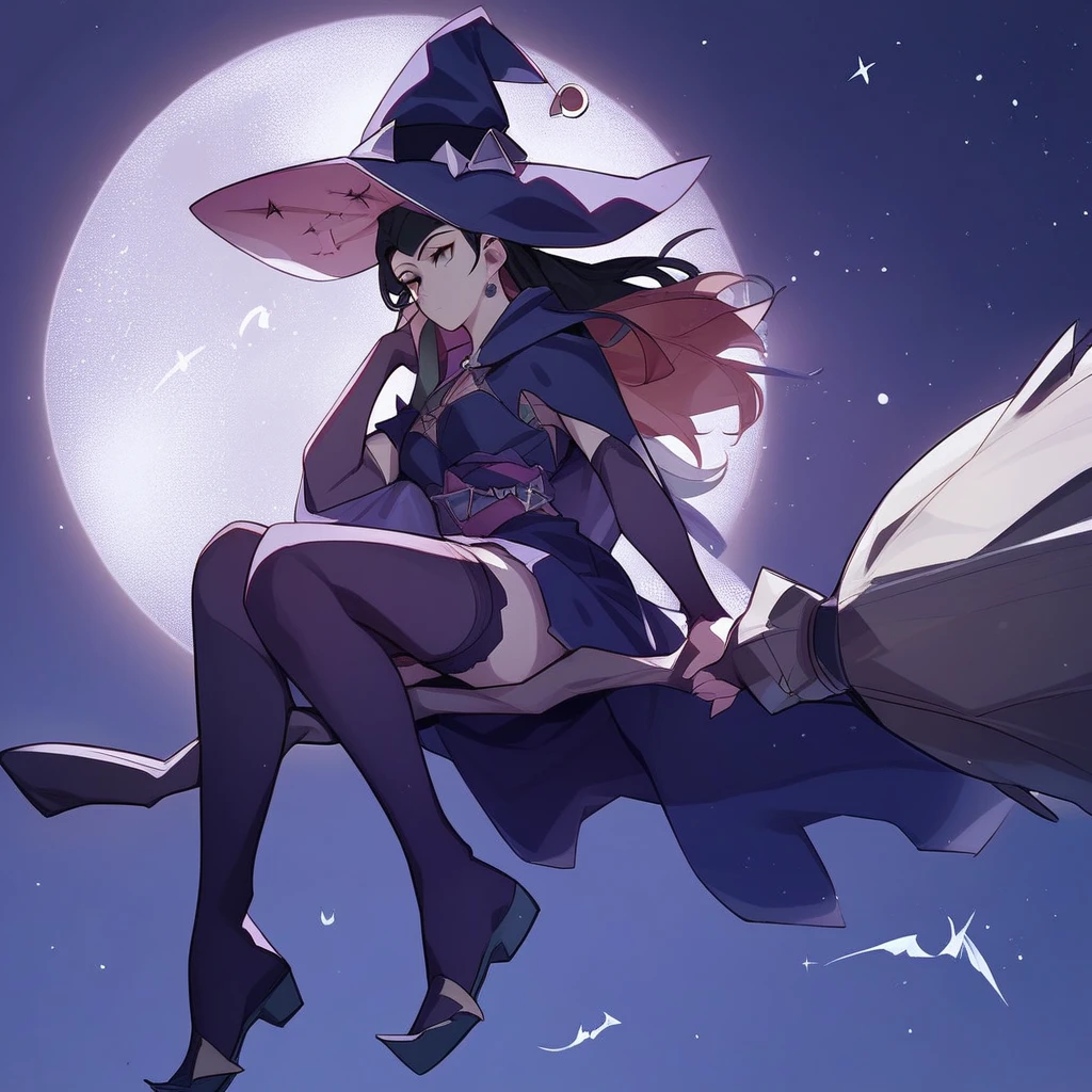 score_9, score_8_up, score_7_up, 1girl, solo, r1dingbroom, broom riding, broom, anime, witch, night, moon, hat, sidesaddle,