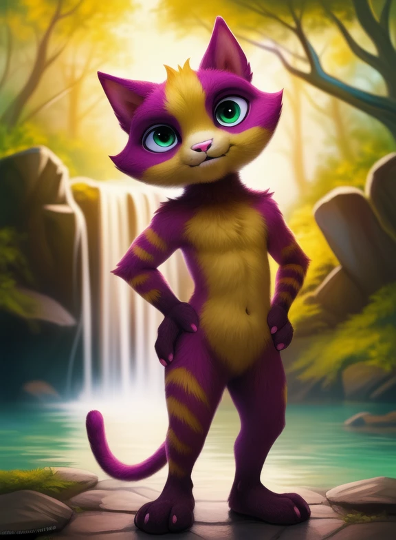 <lora:LinoCatUmaAveYif:0.9> LinoCatUmaAve, cat, pink nails, ,  purple fur with yellow, tail, pink nose, light green eyes,
Looks at the viewer,   day, [  solo, nature, day, clouds, waterfall, flover] ((Hands on hips, standing, ))
(beautiful, aesthetic, perfect, delicate, intricate, saturated colors), masterpiece, digital drawing, best quality,
by ulitochka, by taran fiddler, by Silverfox5213, by personalami,