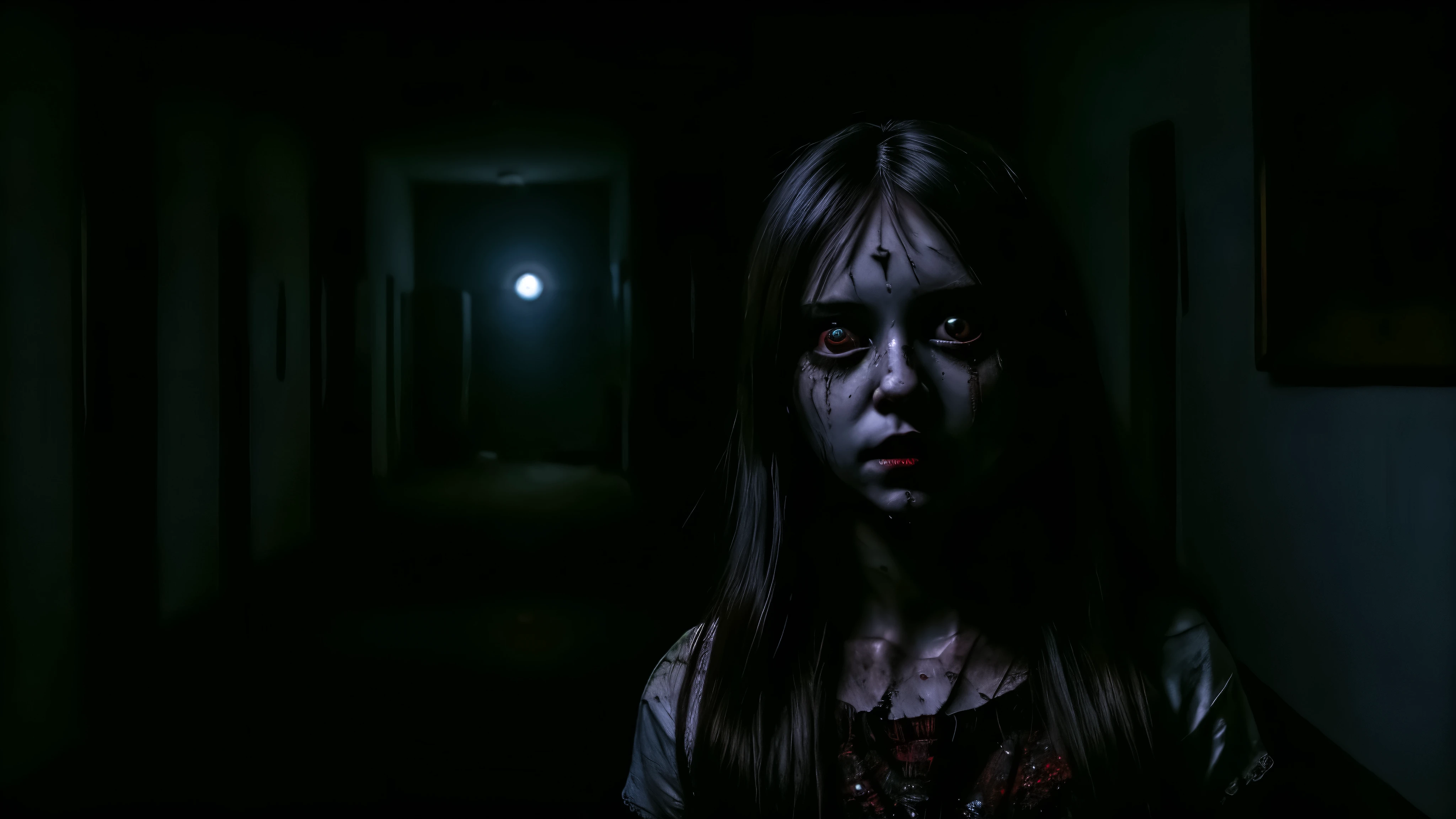 (masterpiece, best quality:1.2), horror scene, knife, dark rooms, glowing eyes, girl