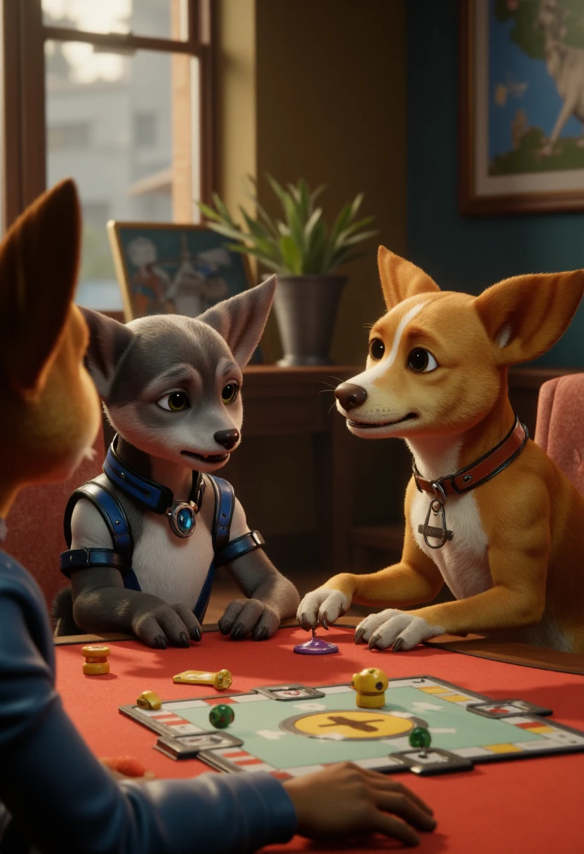 rcriftapart, realistic CGI,  three dogs are sitting at a table playing Monopoly together.   <lora:Ratchet__Clank_Rift_Apart_Style_FLUX:0.7>