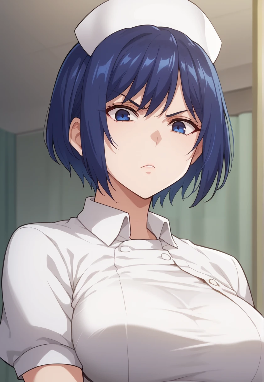 <lora:nurseTachibana-10:1> nursetachibana, blue hair, short hair, blue eyes, large breasts, nurse cap, white dress, white shirt, stare, looking at viewer,, 16k, masterpiece, absurdes, highly detailed, highres, high quality, best quality, score_9, score_8_up, score_7_up, score_6_up, shiny, shiny skin, shiny hair, source_anime, anime screencap, anime coloring, official style, style parody, parody, looking at viewer, portrait, upper body, close-up,