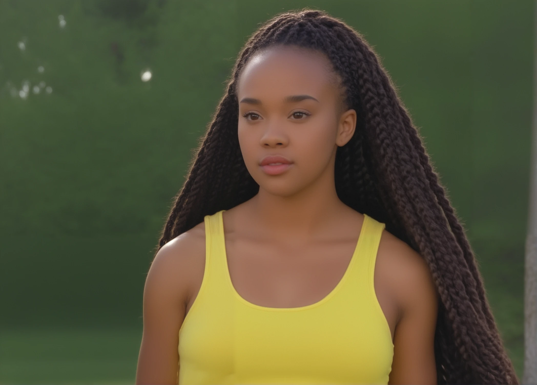 aisha, headshot, 19 years old, black girl, long braided hair, yellow tank top, outdoor park at sunset, locks of hair over shoulders, gentle breeze blowing hair into face, glare, sunset light highlighting off skin and hair, upper body, lips parted, looking at viewer,   1girl, (masterpiece), (best quality), detailed