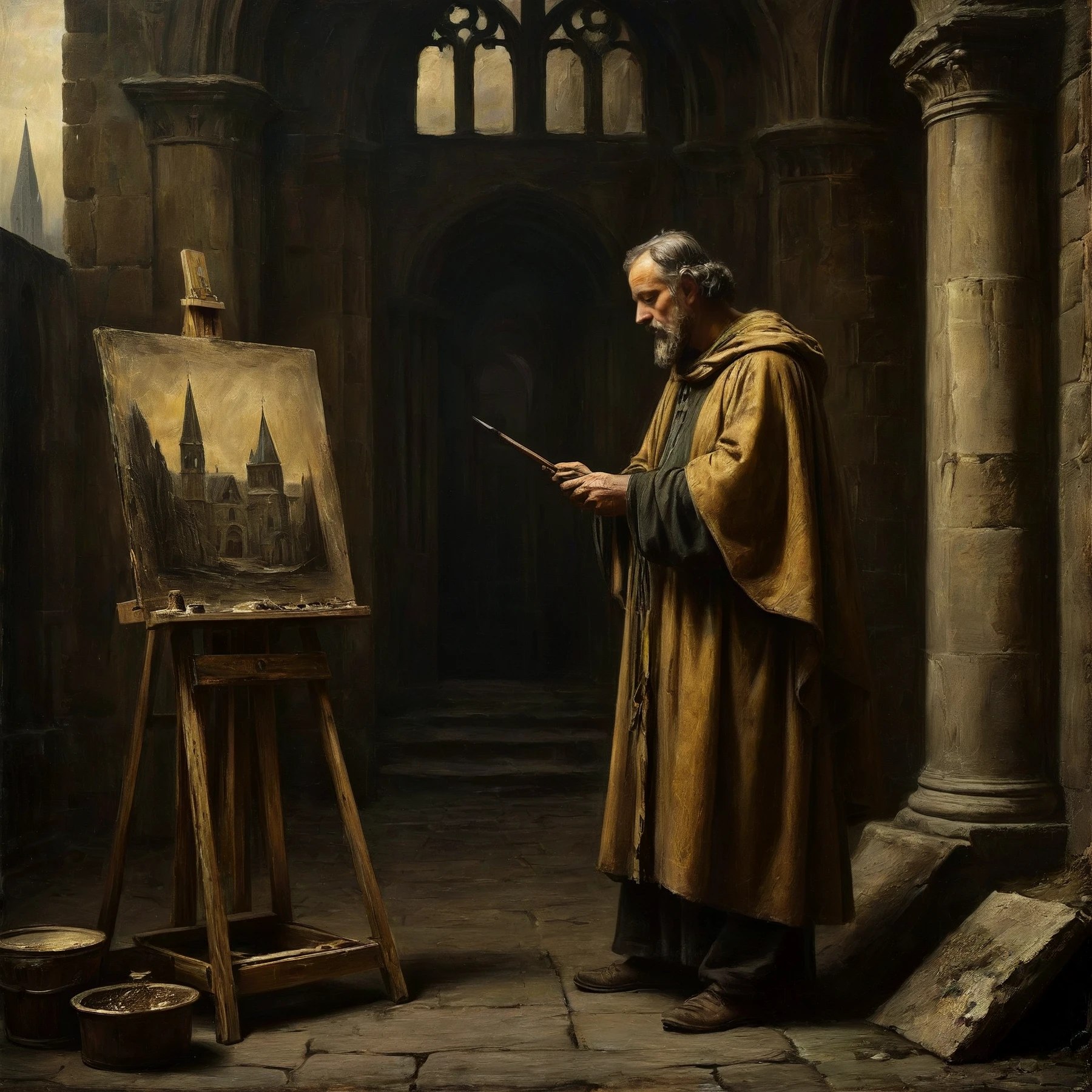 Outdoors. A master artist painting at his easel, standing before his easel. Dressed in ancient robes. Painting a cathedral.
Atmospheric, moody, rustic. Enchanting. Dark.
<lora:Medieval02-00_CE_SDXL_64x32x120x2bOT:0.6>
mdvlCE