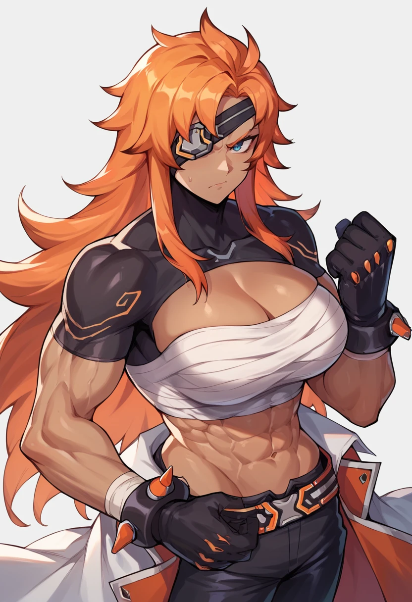 <lora:Asher:1> asher, 1girl, long hair, eyepatch, large breasts, gloves, navel, orange hair, black gloves, muscular female, muscular, blue eyes, cleavage, dark-skinned female, angry, threat,, score_9, score_8_up, score_7_up, source_anime,