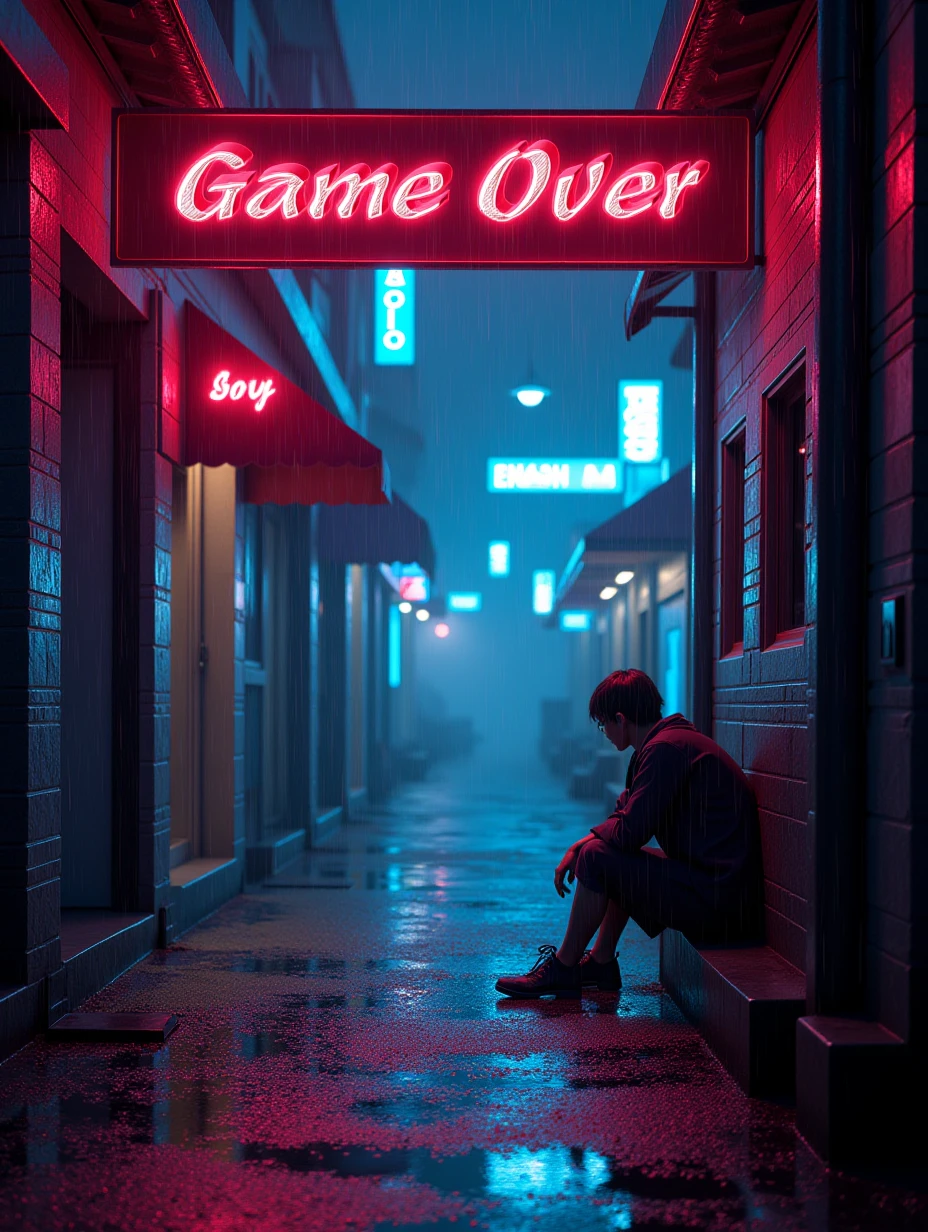 Juaner_font,

On a cyberpunk street with neon signs, there is a line of text “Game Over,” the scene shows a character sitting under a rain-soaked awning