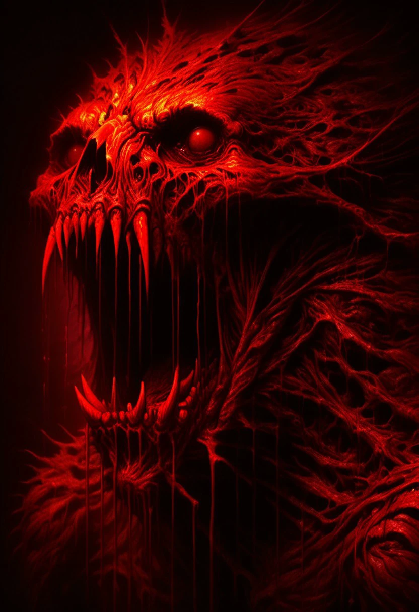 Score_9, score_8_up, score_7_up, best quality, highly detailed, colorful, 
  abomination, monster, no humans, 
 blood, bleeding, ,( beam of light:2),
dark red neon background, red backlighting, low light, red lighting, red neon shadow, dramatic lighting, extreme dark theme, 
( close up:1), ( upper body:1), (   face focus:1),