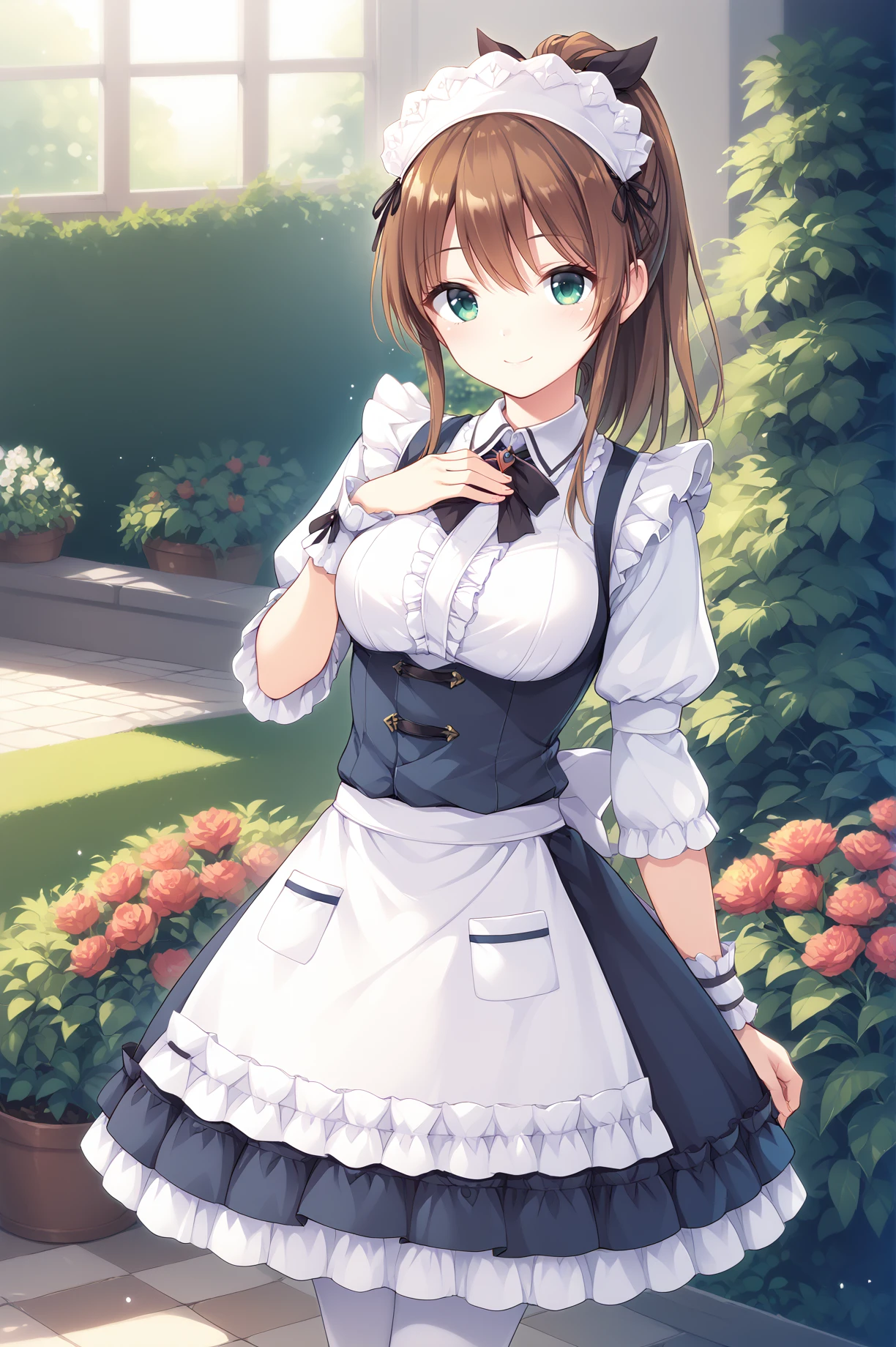 score_9, score_8_up, score_7_up, score_6_up, score_5_up, score_4_up,anime source,
 misaki,1girl,ponytail,hair ribbon,brown hair,green eyes,maid headdress, smile,
 maid(FF14), maid, frilled dress, frilled sleeves,juliet sleeves, wrist cuffs, apron,white pantyhose,
garden,hand on own chest,  <lora:MisakiXLPony:0.8>,<lora:FF14MaidXLPony:1>