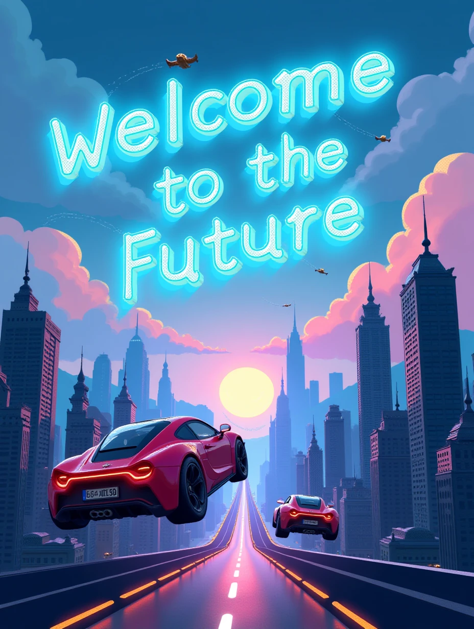 Juaner_font,

In a futuristic cityscape background, there is a line of text “Welcome to the Future”, with flying cars zooming through the sky