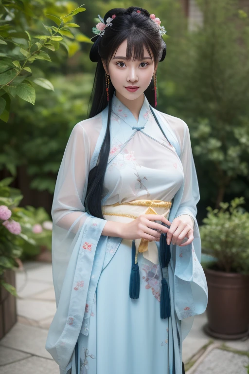 ltra-detailed,highly detailed,best quality,masterpiece,illustration, drawing, realistic, photorealistic,
1girl, solo, 
hanfu, chinese clothes, see-through, 
hair ribbon, long hair, blunt bangs, sidelocks, hair ornament, 
looking at viewer, cowboy shot, standing, 
outdoors, plant, sky, 
<lora:hanfu_nsfw_v1_03:0.7>