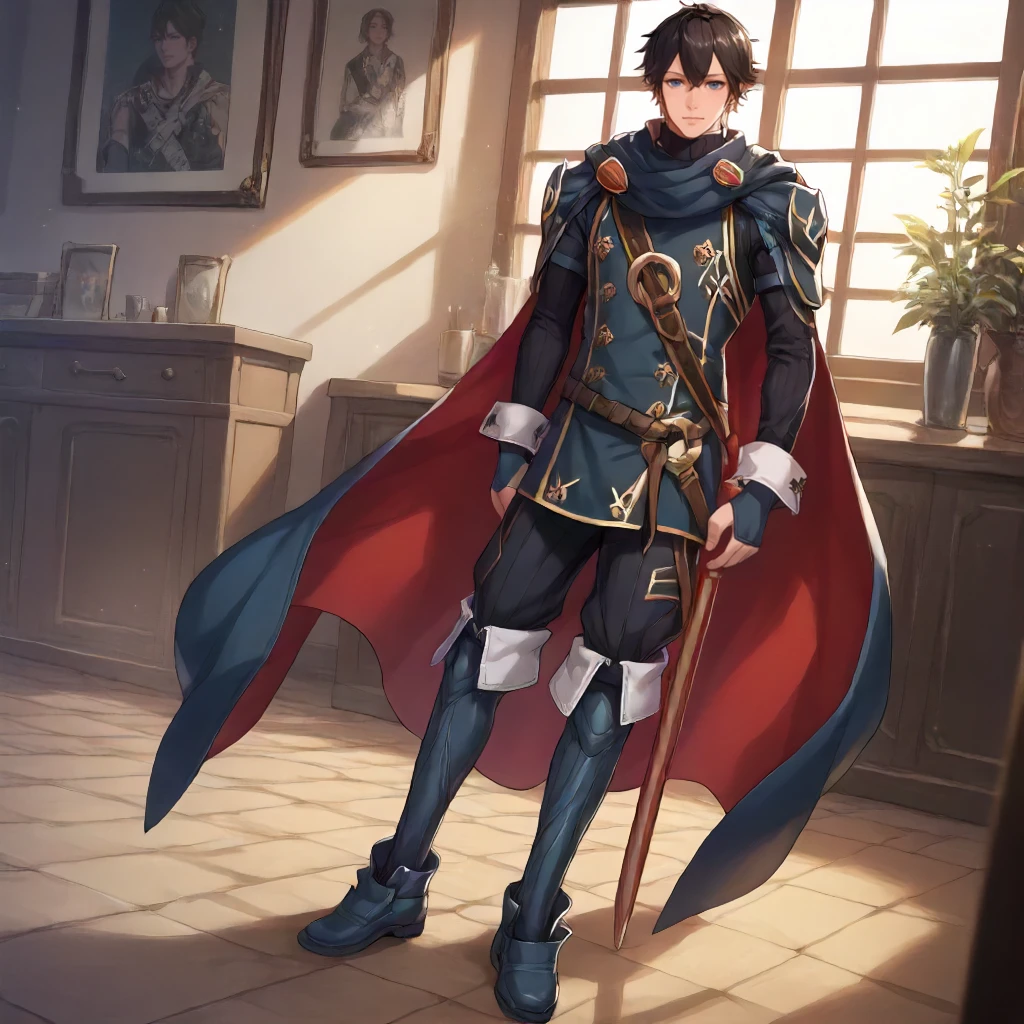 f3al0rdboy, 1boy, short black hair, blue eyes, full body,    <lora:Clothing FE A Lord Outfit:1> f3aluc1naf1t, score_9, score_8_up, score_7_up, score_6_up, score_5_up, score_4_up, masterpiece, detailxl. BREAK