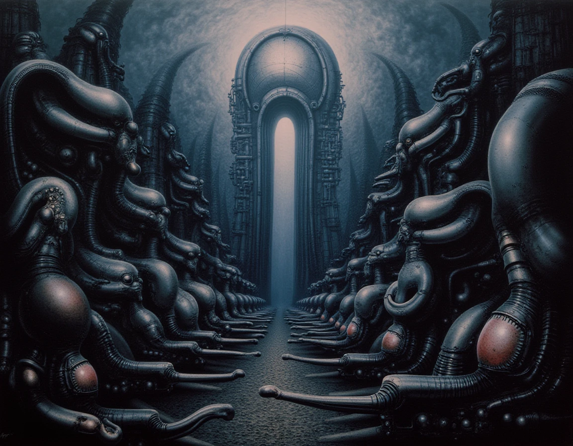 In a shadowy, surreal landscape reminiscent of H.R. Giger's most provocative works, an intricate labyrinth of incomprehensible industrial alien technology unfolds before the viewer's eyes. Smooth, organic shapes intertwine with harsh, metallic structures, creating a jarring yet alluring fusion. Sleek, sinuous forms ripple with a sheen of iridescent colors—deep obsidian, shimmering silver, and hints of pulsating crimson—that evoke a sense of both beauty and unease. 

The air is thick with an electric tension, almost palpable, as if the machinery breathes with a life of its own. Soft, almost pheromone-like scents of unknown flora intensify the atmosphere, mingling with the cold, sterile odor of metal and oil. 

In the foreground, biomechanical tendrils stretch out like seductive limbs, inviting the onlooker to explore the depths of this unsettling yet mesmerizing world. The play of light and shadow accentuates the fluid curves and angular designs, blurring the lines between the organic and the mechanical, while a haunting, low hum reverberates through the air, reminiscent of distant, echoing sighs.

Above, the twisted silhouettes of towering structures loom against a backdrop of swirling, ominous clouds, their depths reflecting an eerie, phosphorescent glow that hints at hidden secrets within. The emotional tone oscillates between fascination and horror, drawing the viewer into an unsettling realm where desire and fear intertwine, leaving them longing for more while simultaneously yearning to escape.