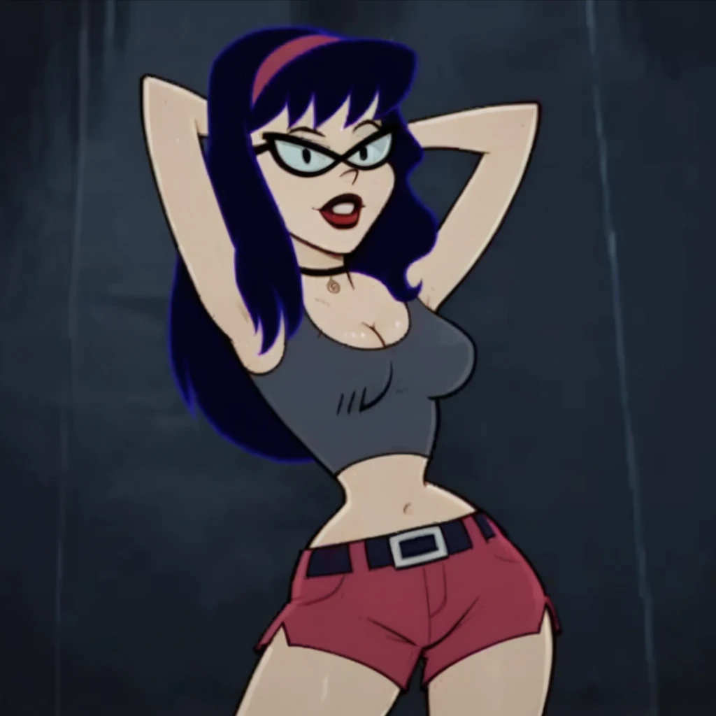score_9, score_8_up, score_7_up, 1girl, glasses, long hair, black hair, headband, choker, makeup, large breasts, midriff, tank top, cleavage, short shorts, narrow waist, wide hips, arms behind head, from below, looking at viewer, absurdres, high quality, masterpiece, flat color, fca style, toon \(style\), 2d, <lora:Tabitha_ATHF:1>